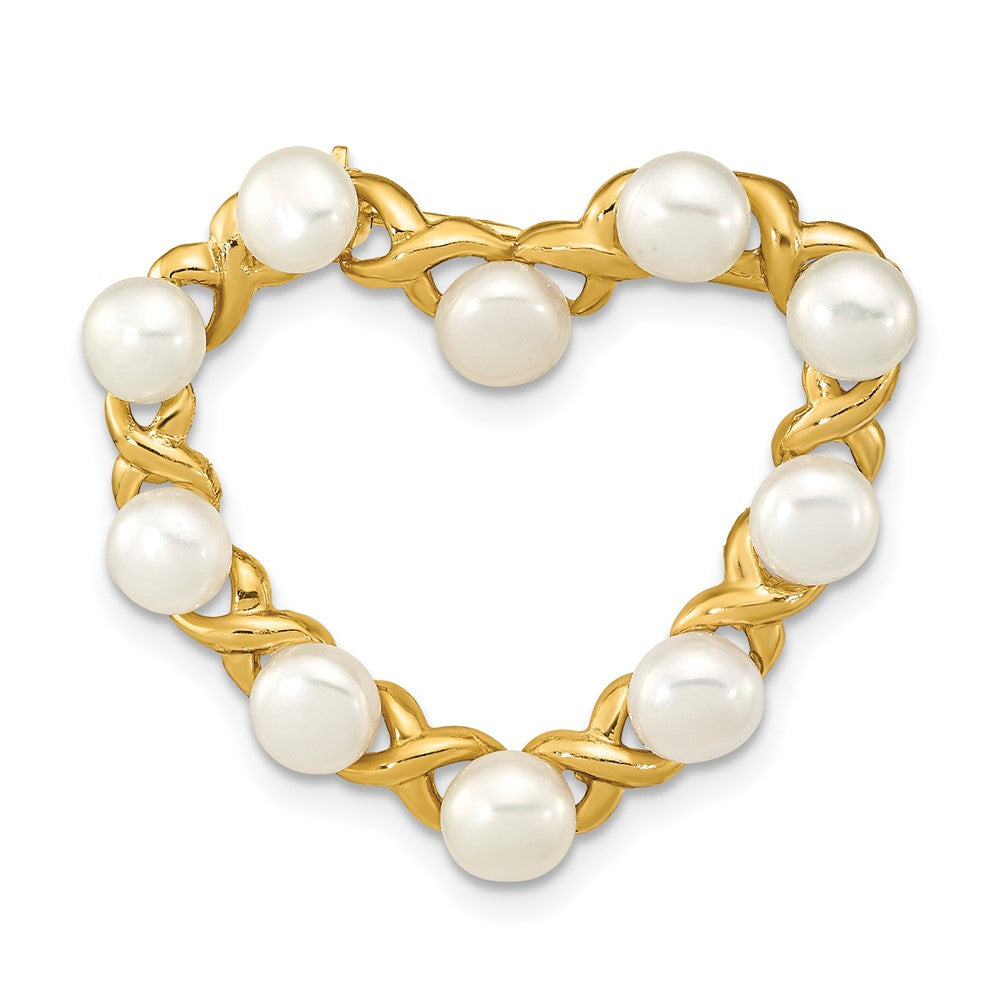 Broche de corazón de perlas blancas FWC con botón de 14 quilates de 4 a 5 mm