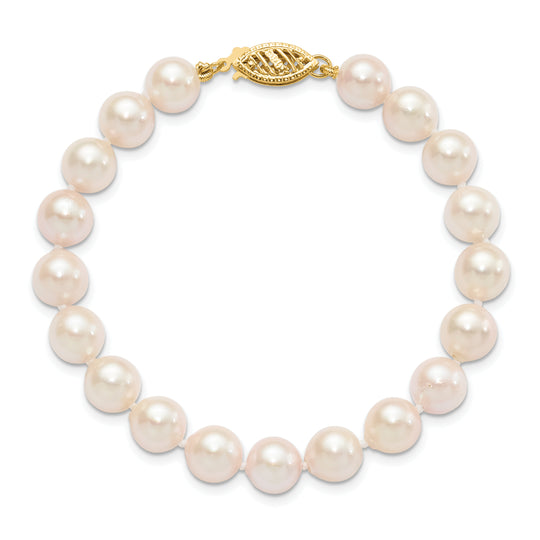 Pulsera de perlas cultivadas Akoya de agua salada blanca redonda de 14 k, 7-8 mm