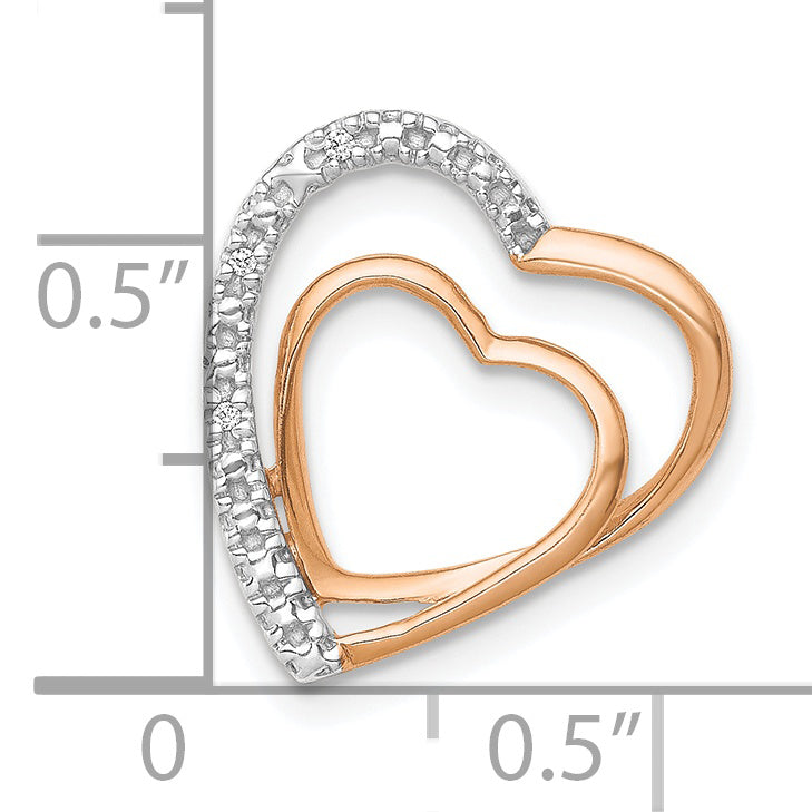 Oro rosa de 14 k, 0,01 quilates. Diapositiva de cadena con doble corazón de diamantes