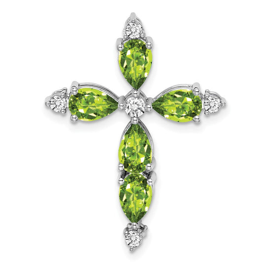 Diapositiva de cadena cruzada de diamantes y peridoto de oro blanco de 14 k