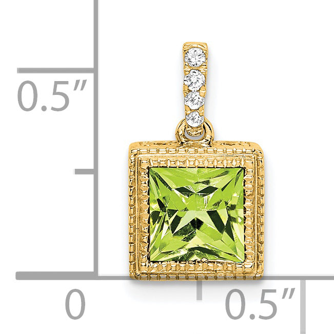 Colgante de diamantes y peridoto cuadrado de 14 k