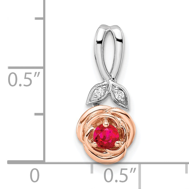 Colgante de flor de diamantes y rubí blanco y rosa de dos tonos de 14 quilates