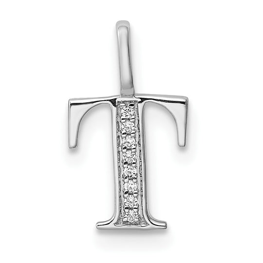 Colgante de Inicial "T" en Oro Blanco de 14k con Diamante