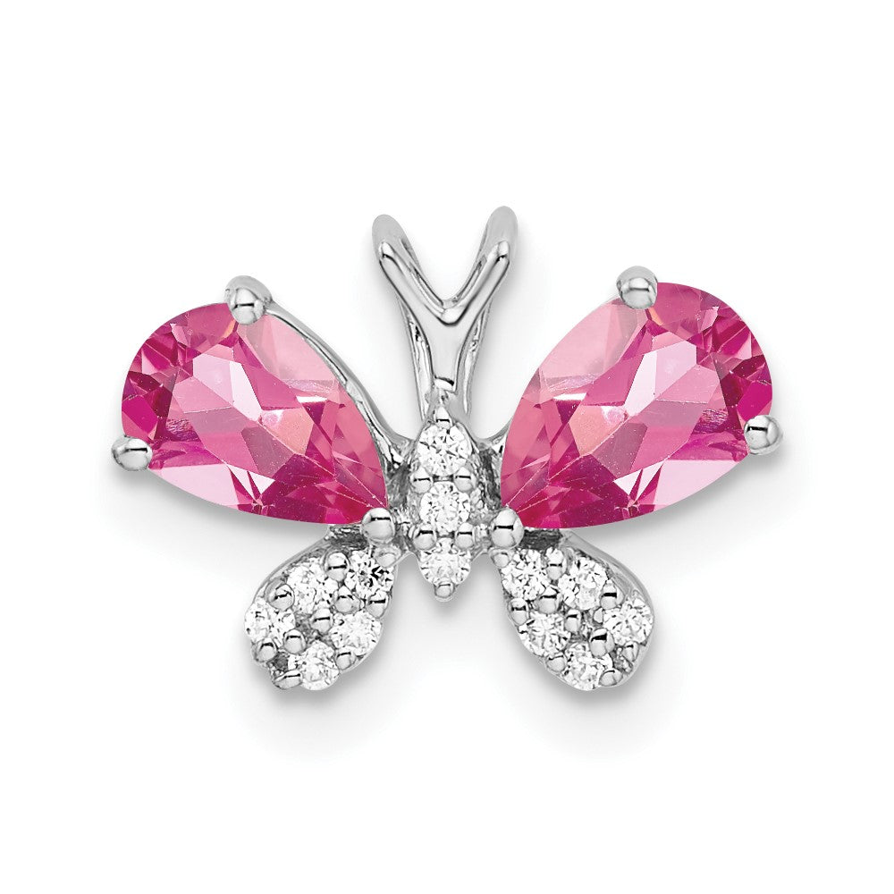 Diapositiva de cadena de mariposa con diamantes y turmalina rosa en oro blanco de 14 k