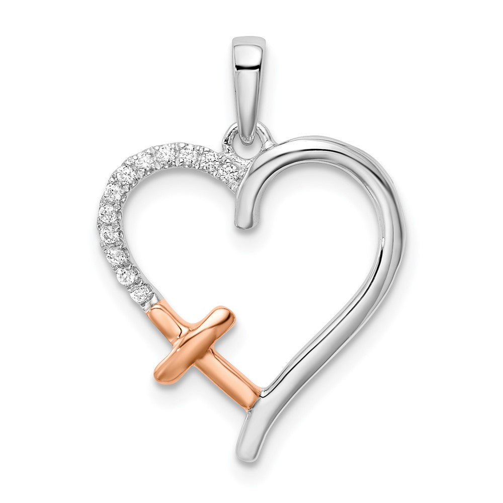 Colgante de Corazón Bicolor con Cruz y Diamantes en Oro de 14k (Blanco y Rosa)