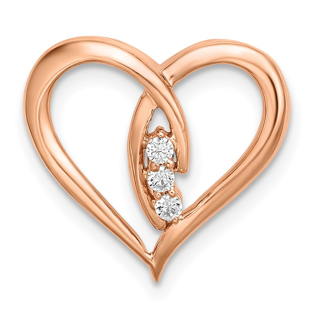 Diapositiva de cadena con forma de corazón pulido con diamantes en oro rosa de 14 k