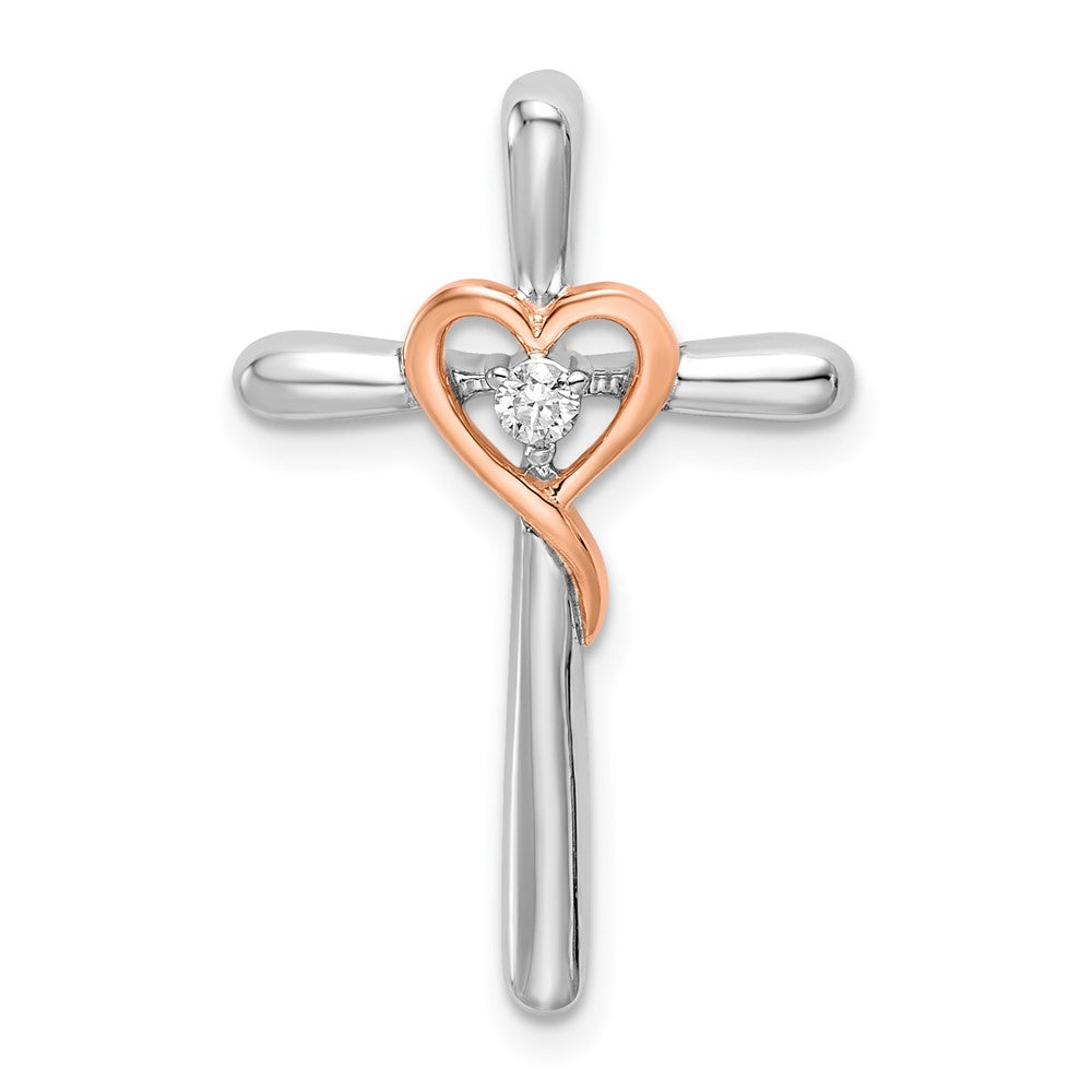 Cruz blanca y rosa de dos tonos de 14k con cadena deslizante de diamantes en forma de corazón