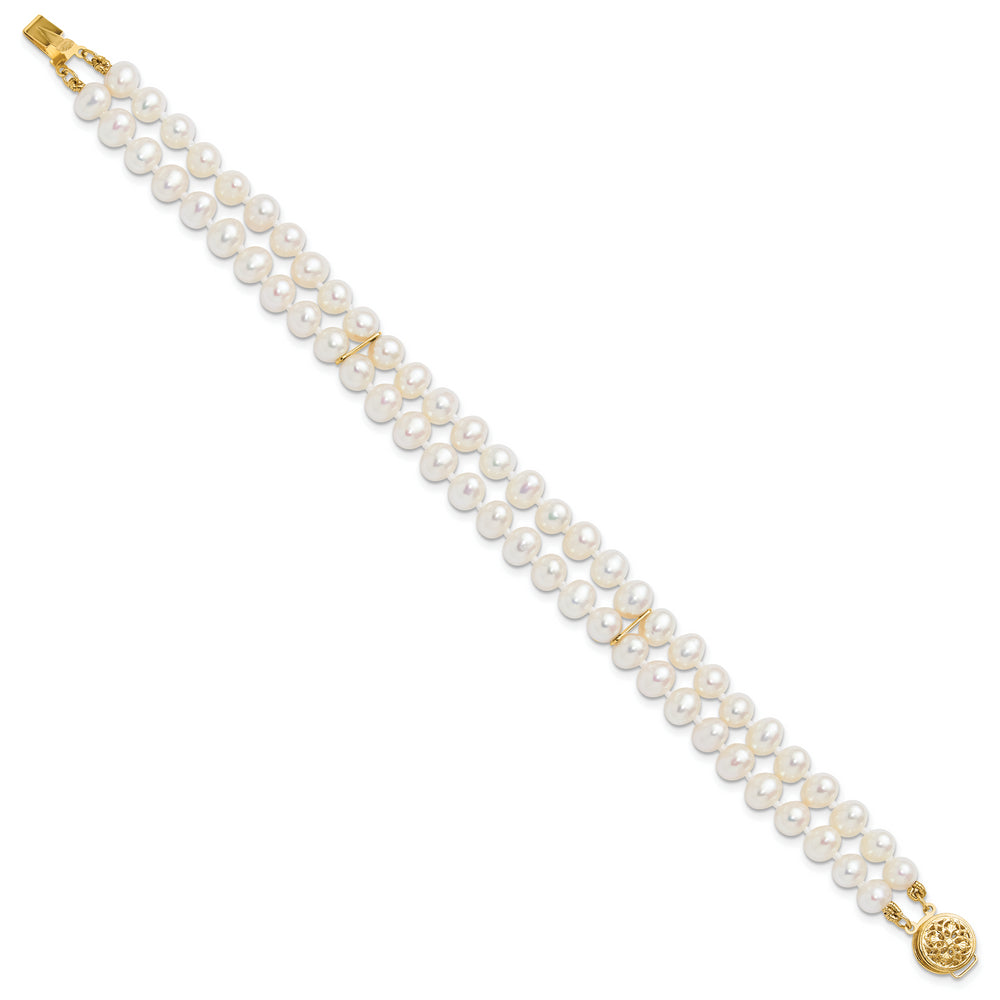 Pulsera de 2 hebras de perlas cultivadas FW casi redondas blancas de 14 k, 5-6 mm
