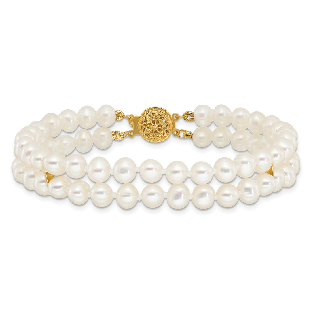 Pulsera de 2 hebras de perlas cultivadas FW casi redondas blancas de 14 k, 5-6 mm