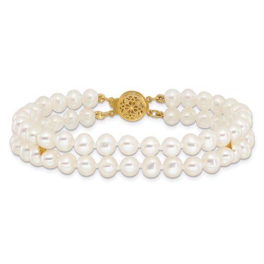 Pulsera de 2 hebras de perlas cultivadas FW casi redondas blancas de 14 k, 5-6 mm