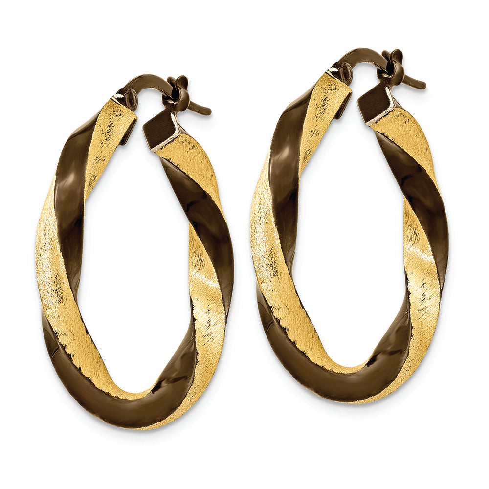 Aretes de Aro Trenzados de 3.75 mm en Oro Amarillo y Rodio Marrón de 14k