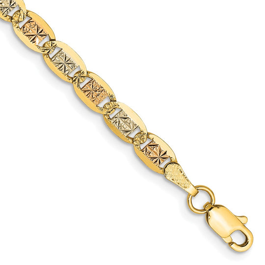 Pulsera Tri-color Pavé Valentino de 14k de 7 pulgadas y 3.8 mm con Cierre de Langosta