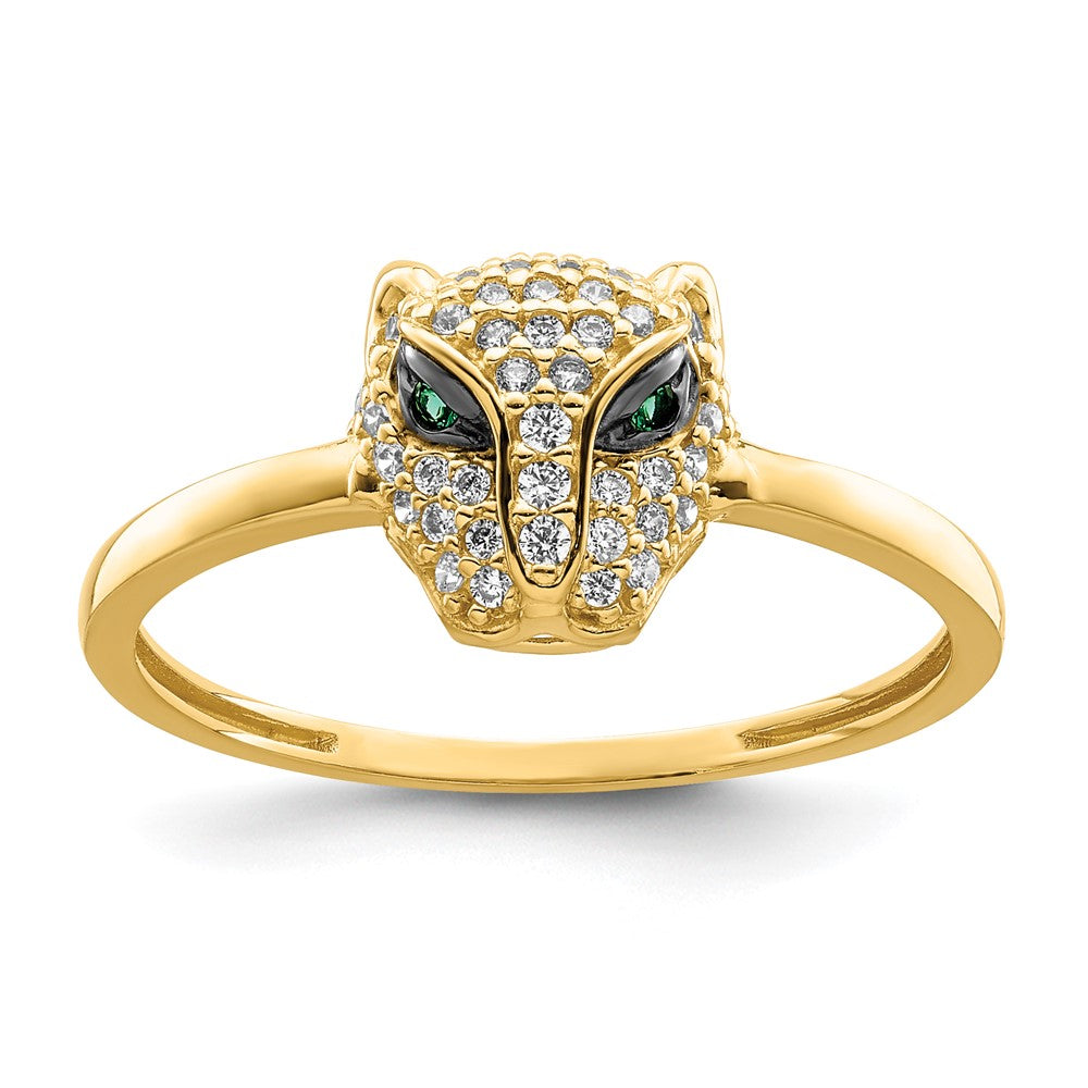 Anillo con Cabeza de Leona con Circonita Cúbica Verde y Blanca Pulida en Oro de 14k