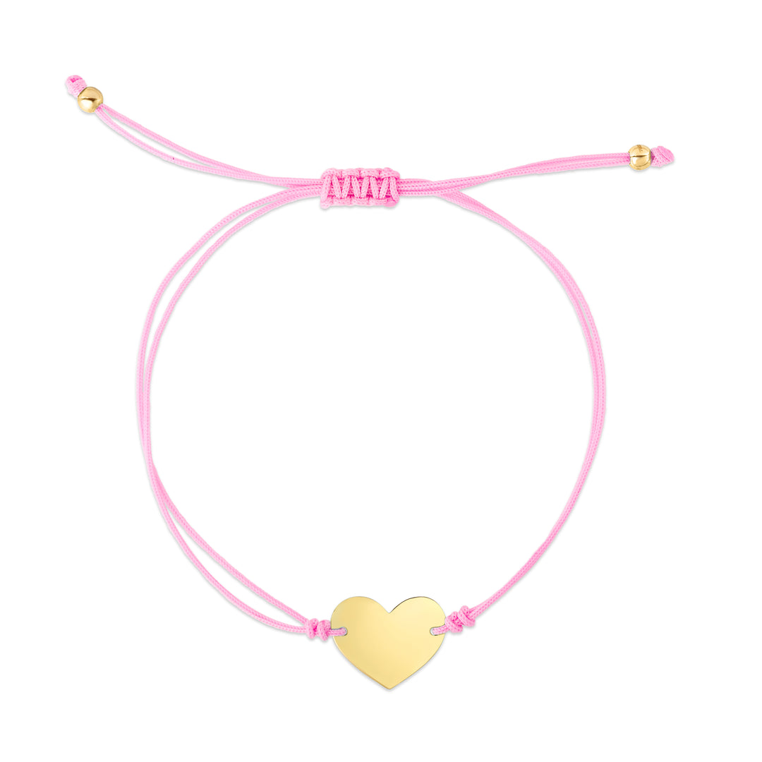 Pulsera ajustable con corazón de cordón rosa de 14 quilates