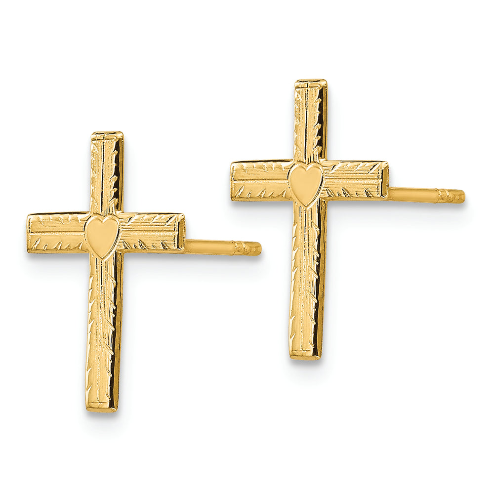 Aretes de Cruz con Corazón Satinado y Pulido en Oro de 14k