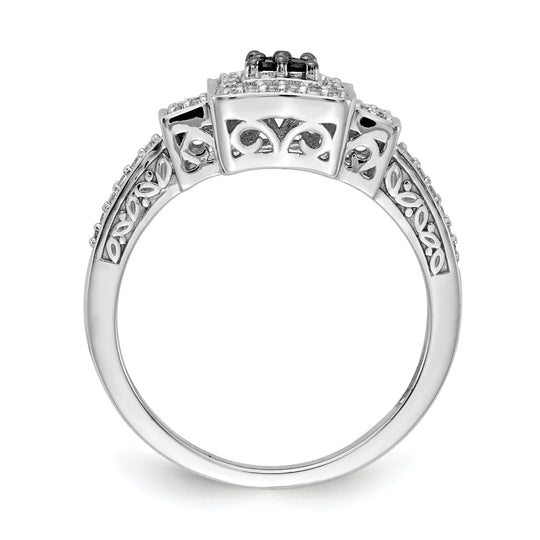 Anillo Cuadrado con Diamantes Blancos y Negros en Oro Blanco de 14k