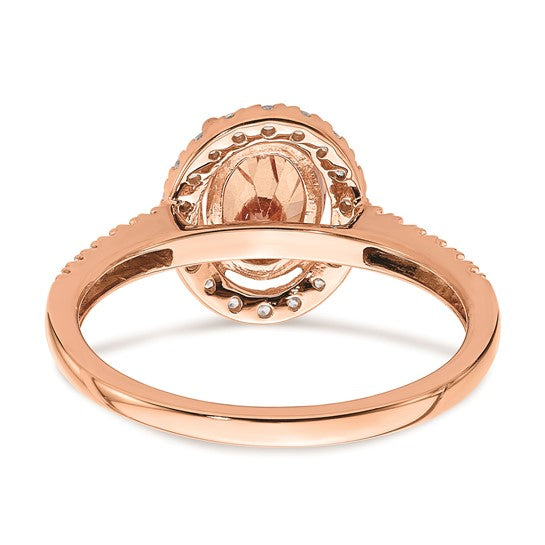 Anillo de Compromiso Completo Blooming Bridal en Oro Rosa de 14k con Halo, Morganita Ovalada de 8x6 mm y Diamantes de 1/3 Quilates