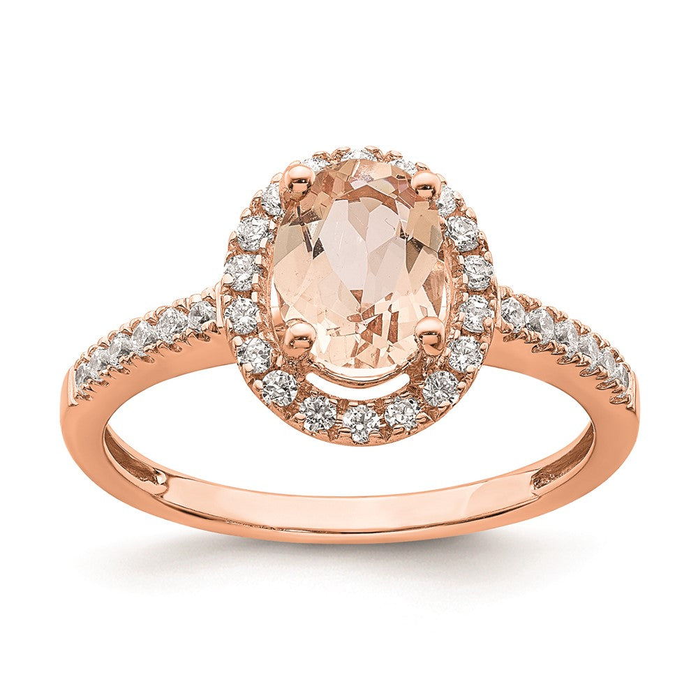 Anillo de Compromiso con Halo de Diamantes y Morganita en Oro Rosa de 14k