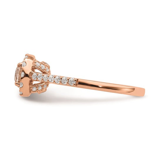 Anillo de Compromiso Completo Blooming Bridal en Oro Rosa de 14k con Halo, Morganita Redonda de 5.2 mm y Diamantes de 3/8 Quilates