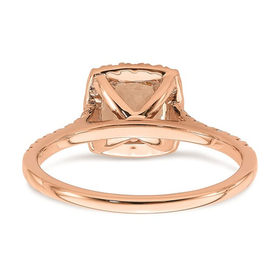 Anillo de Compromiso Completo Blooming Bridal en Oro Rosa de 14k con Halo, Morganita de Corte Cojín de 6.00 mm y Diamantes de 1/4 Quilates