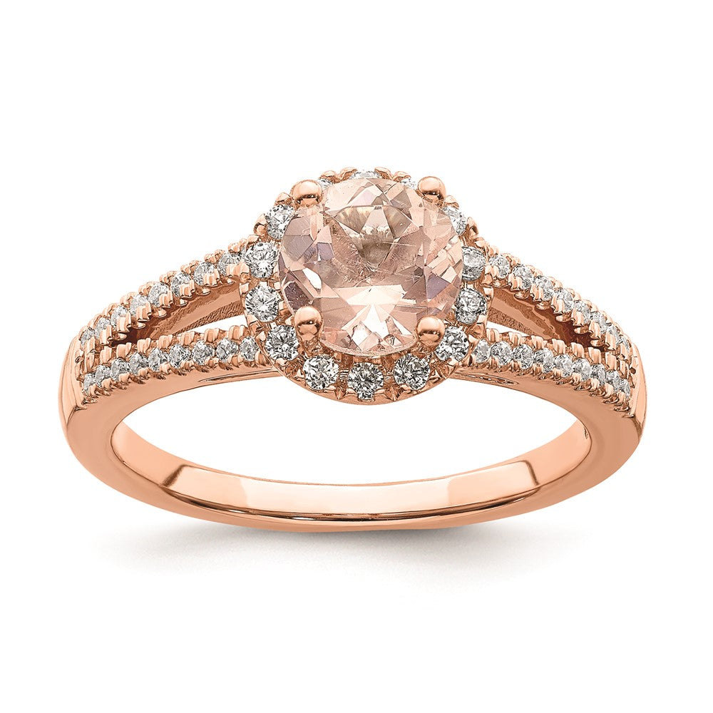 Anillo de Compromiso con Halo de Diamantes y Morganita en Oro Rosa de 14k