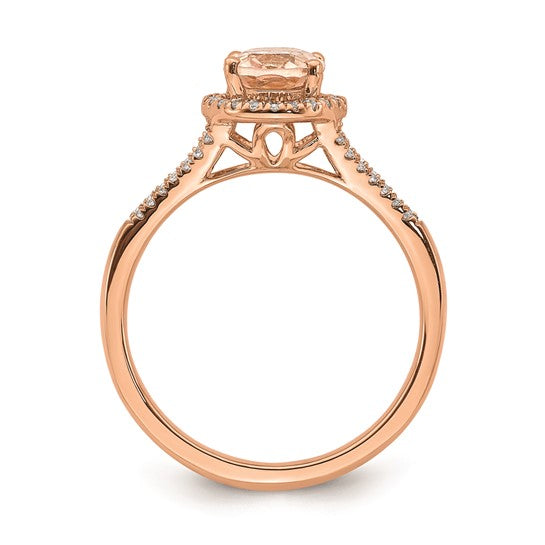 Anillo de Compromiso Completo Blooming Bridal en Oro Rosa de 14k con Halo, Morganita Ovalada de 8x6 mm y Diamante de 1/5 Quilates