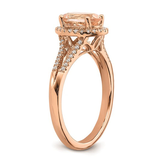 Anillo de Compromiso Completo Blooming Bridal en Oro Rosa de 14k con Halo, Morganita Ovalada de 8x6 mm y Diamante de 1/5 Quilates