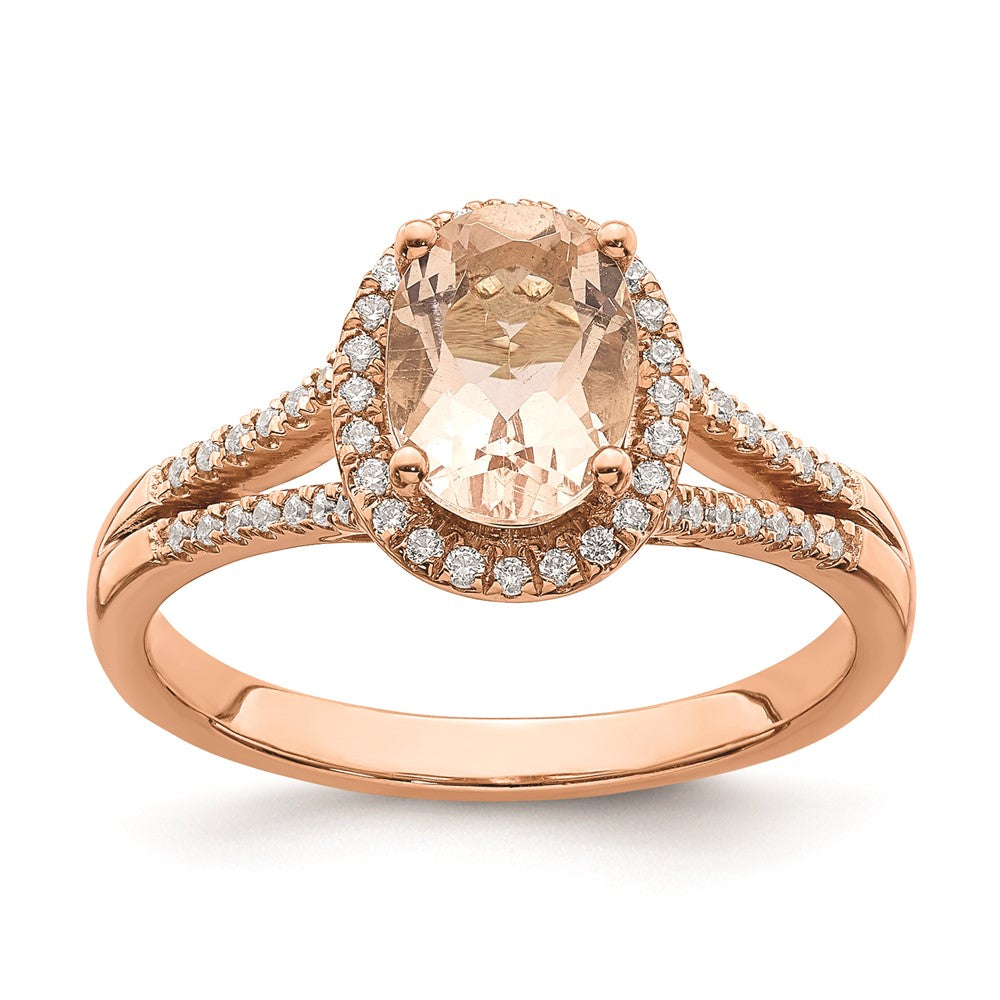 Anillo de Compromiso con Halo de Diamantes y Morganita en Oro Rosa de 14k