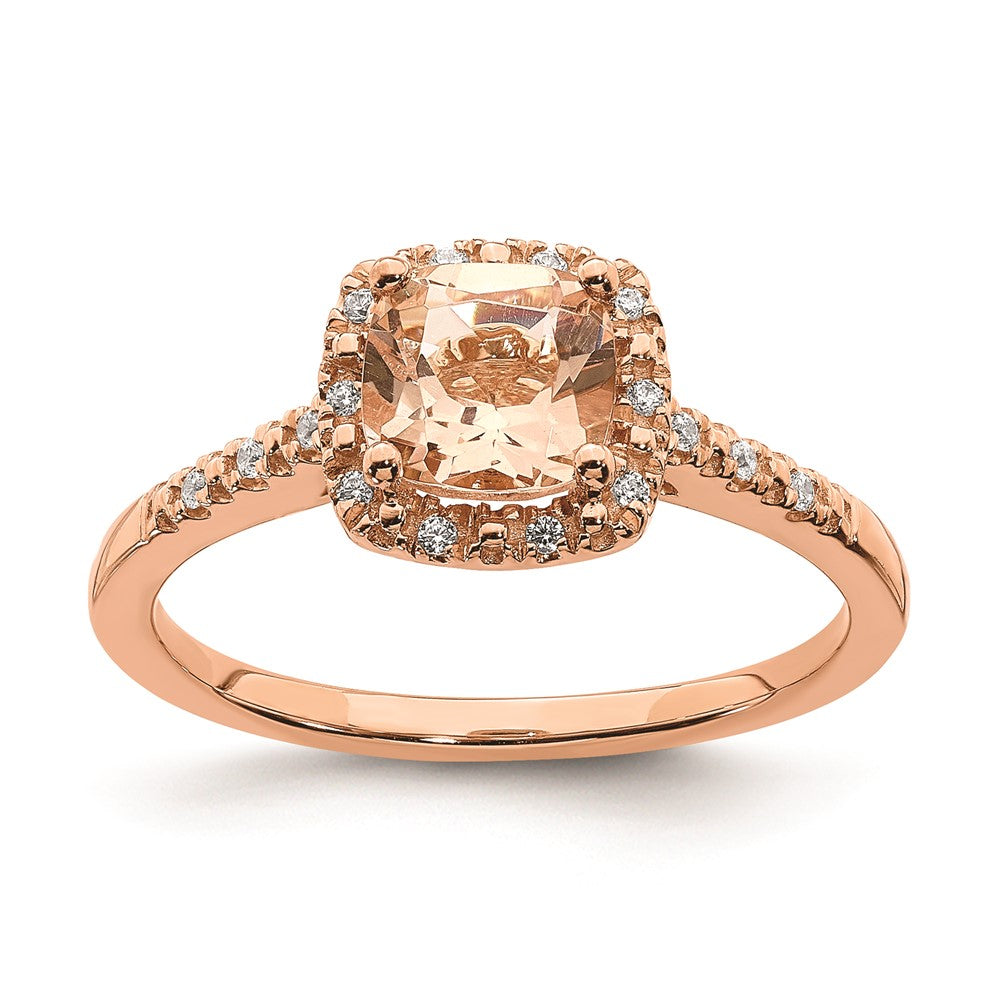 Anillo de Compromiso con Halo de Diamantes y Morganita en Oro Rosa de 14k