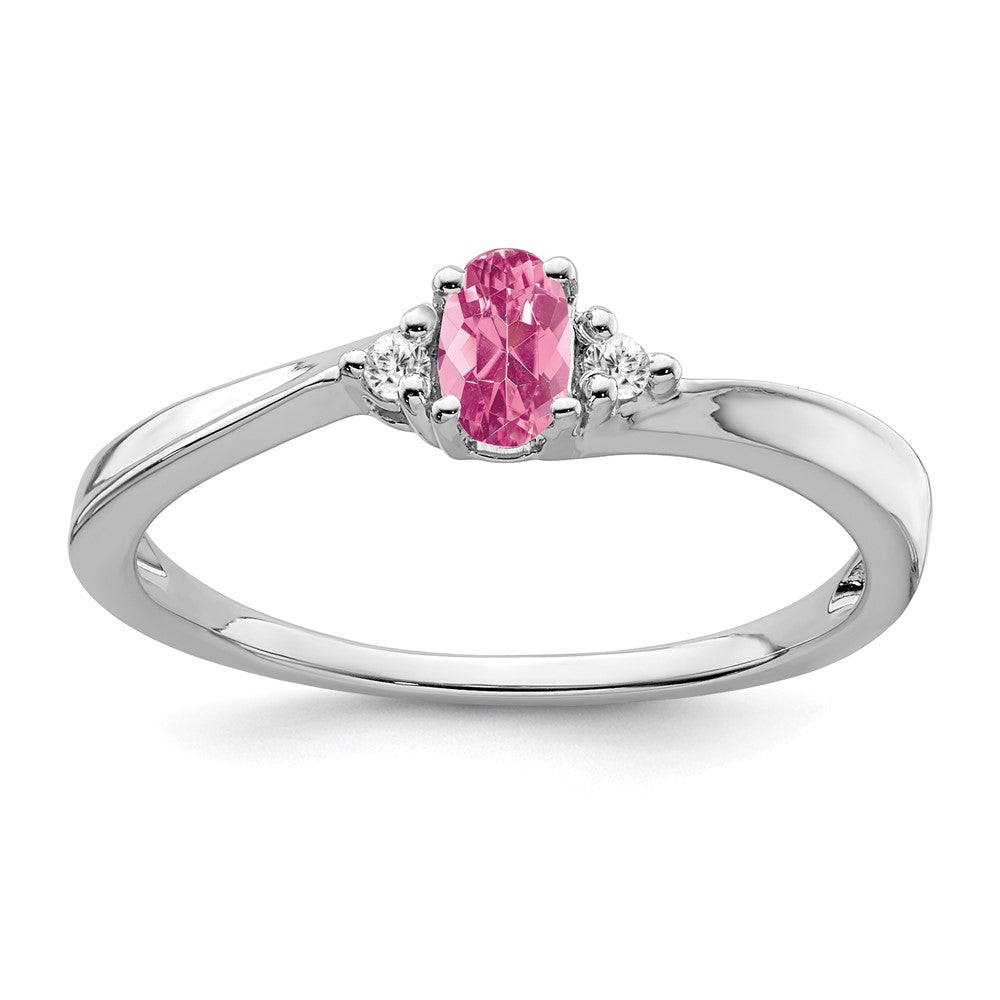 Anillo con Diamantes y Turmalina Rosa en Oro Blanco de 14k