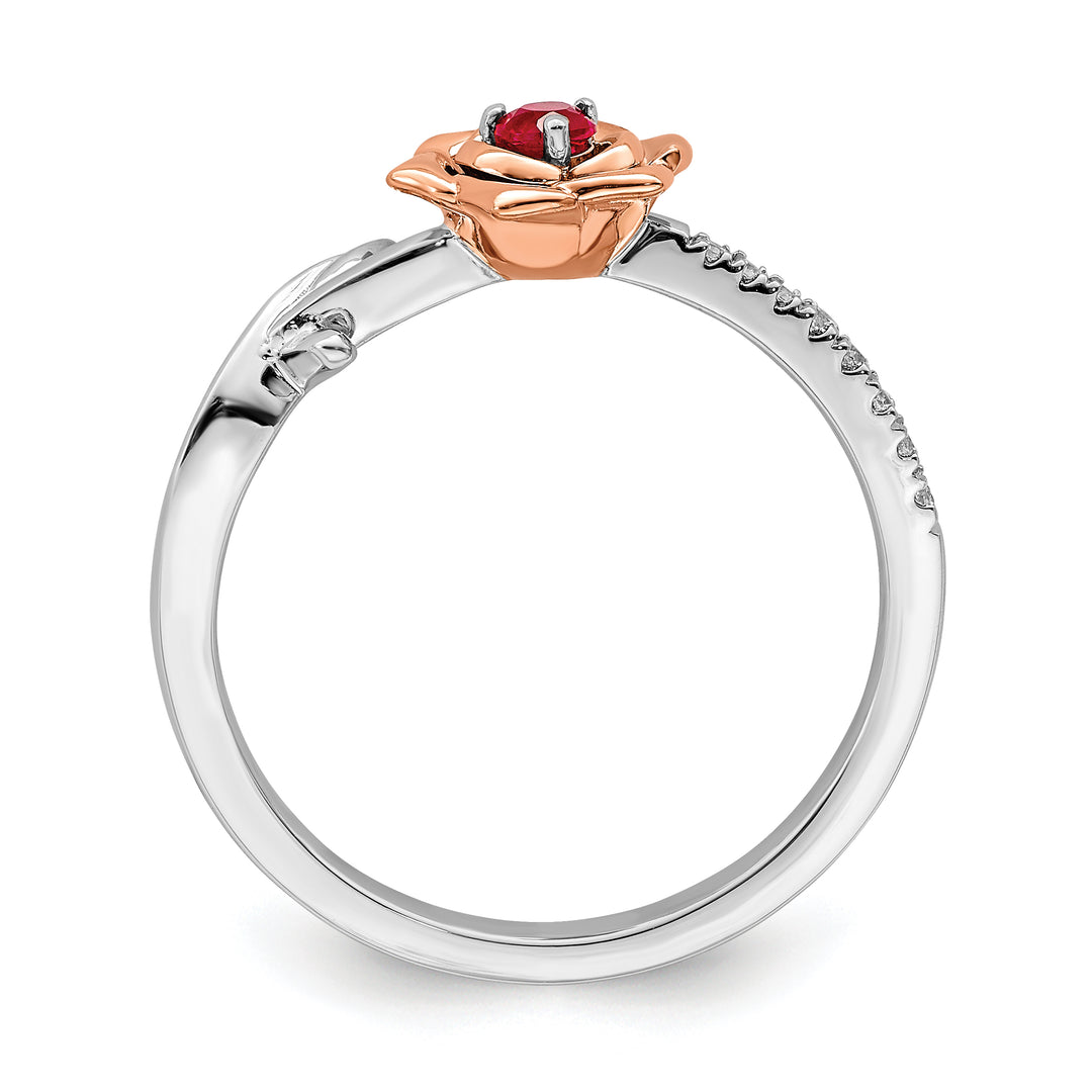 Anillo de Flor con Diamantes y Rubís Blanco y Rosa en Oro Bicolor de 14k