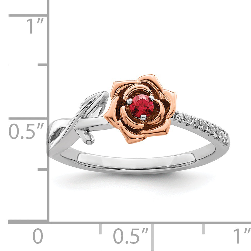 Anillo de Flor con Diamantes y Rubís Blanco y Rosa en Oro Bicolor de 14k