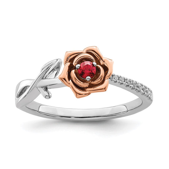 Anillo de Flor con Diamantes y Rubís Blanco y Rosa en Oro Bicolor de 14k