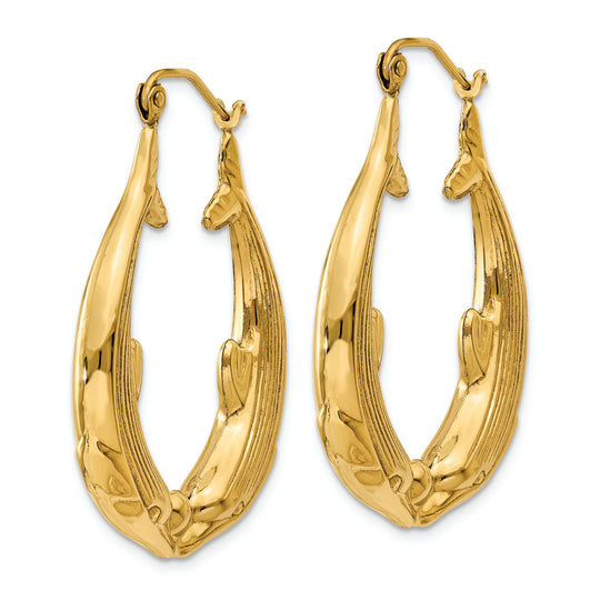 Aretes Tipo Argolla con Delfines Pulidos en Oro de 14k