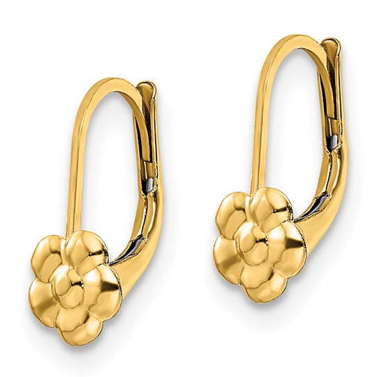 Aretes Tipo Palanca con Flor Pulida Madi K en Oro de 14k