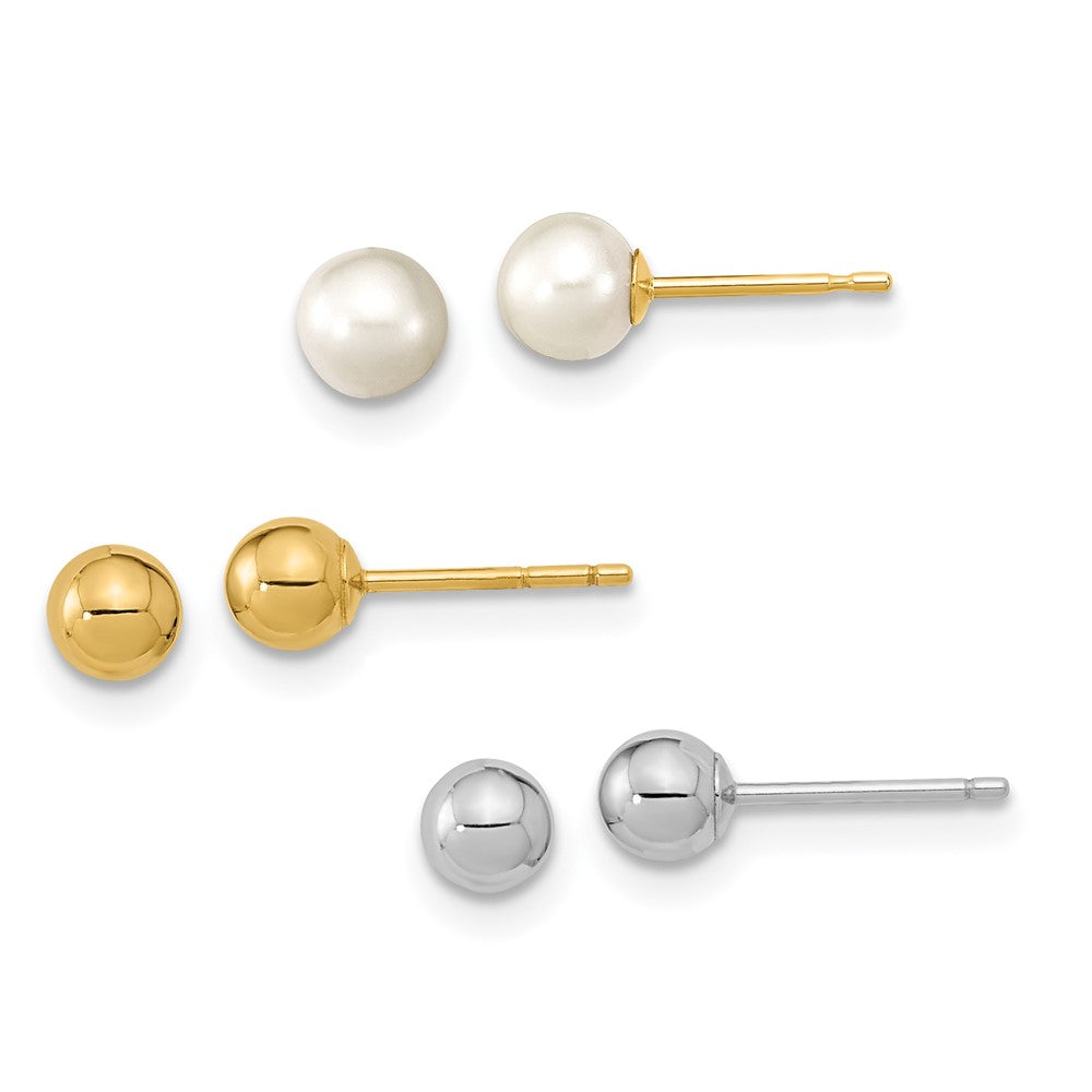 Juego de 3 aretes de perlas FWC blancas redondas Madi K de 4-5 mm en dos tonos de 14 quilates