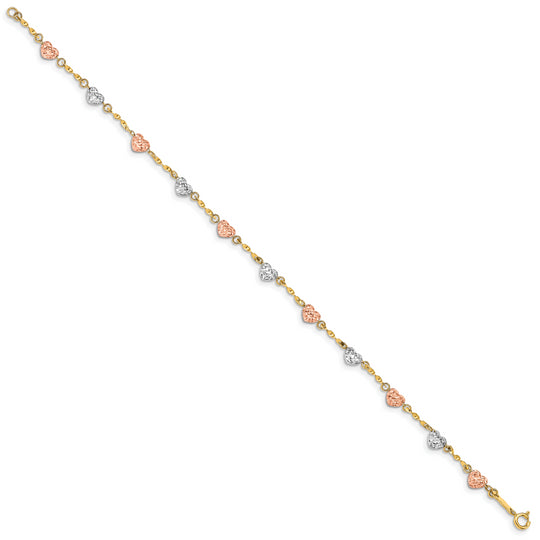 Brazalete con forma de corazón de hojaldre de talla diamante tricolor de 14 k