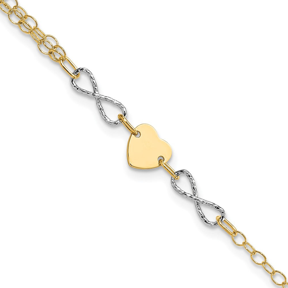 Brazalete de corazón y infinito pulido en oro bicolor de 14 k