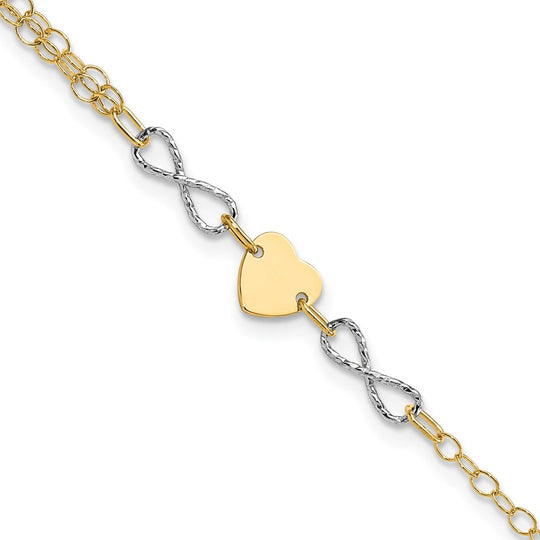 Brazalete de corazón y infinito pulido en oro bicolor de 14 k