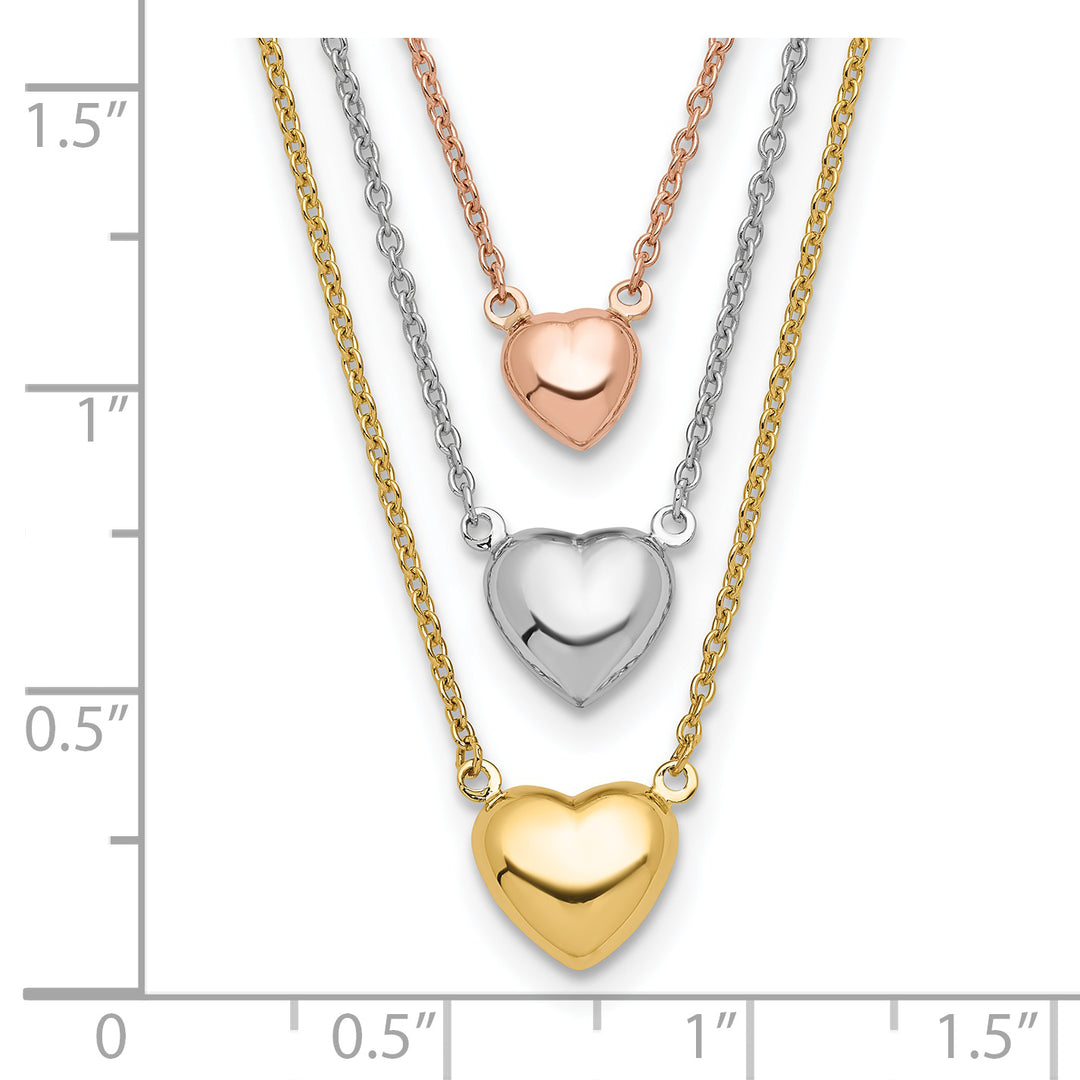 Collar de tres corazones tricolores, en oro de 14K con extensión de 1 pulgada