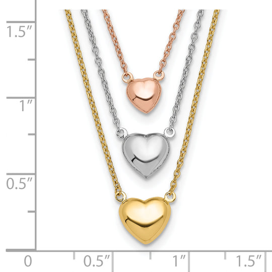 Collar de tres corazones tricolores, en oro de 14K con extensión de 1 pulgada