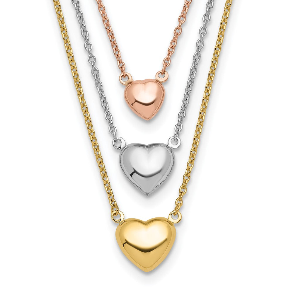 Collar de tres corazones tricolores, en oro de 14K con extensión de 1 pulgada