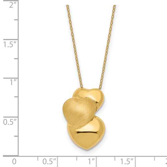 Collar de 3 corazones huecos inflados pulidos y satinados de 14 k