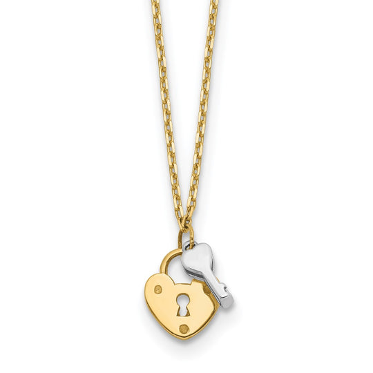 Collar con llave y candado de corazón de dos tonos de 14k