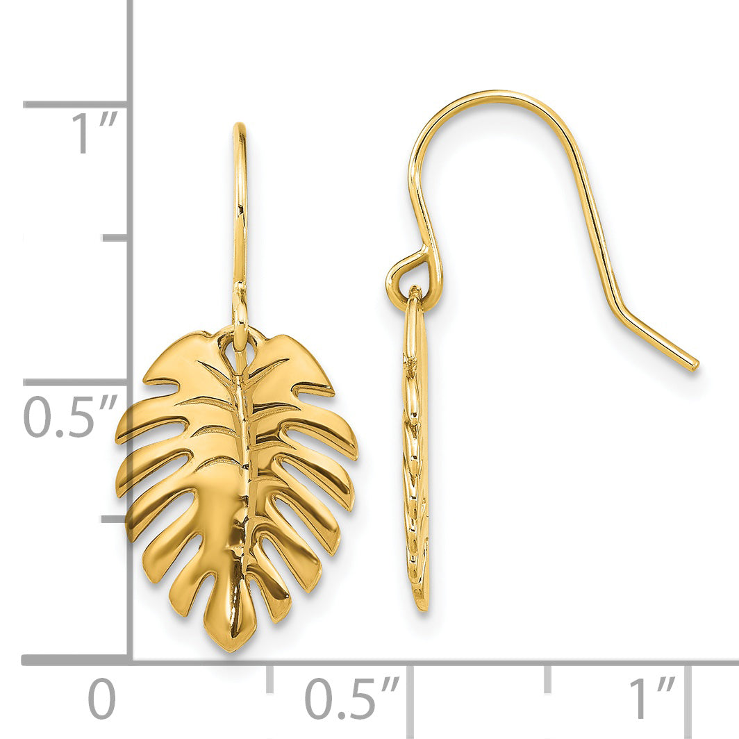 Aretes Colgantes de Hoja de Palma Pulidos de 14K