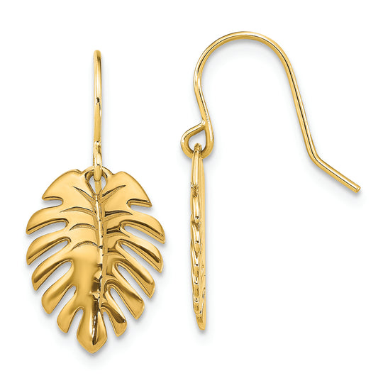 Aretes Colgantes de Hoja de Palma Pulidos de 14K