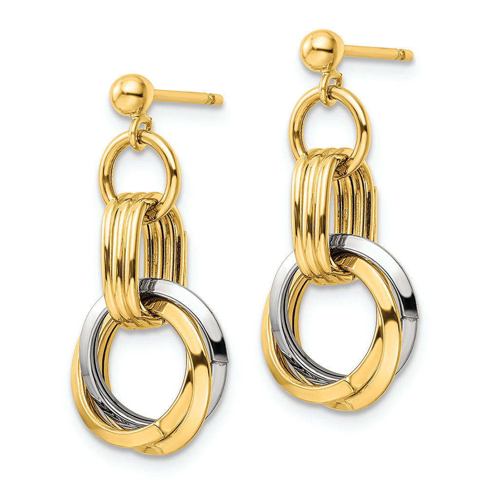 Aretes Colgantes de Círculos Entrelazados en Oro de 14K Bicolor