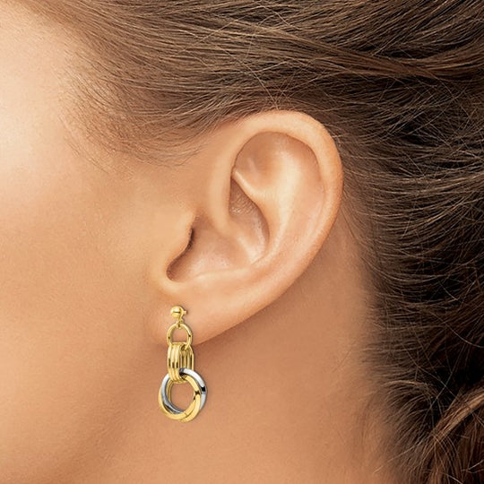 Aretes Colgantes de Círculos Entrelazados en Oro de 14K Bicolor