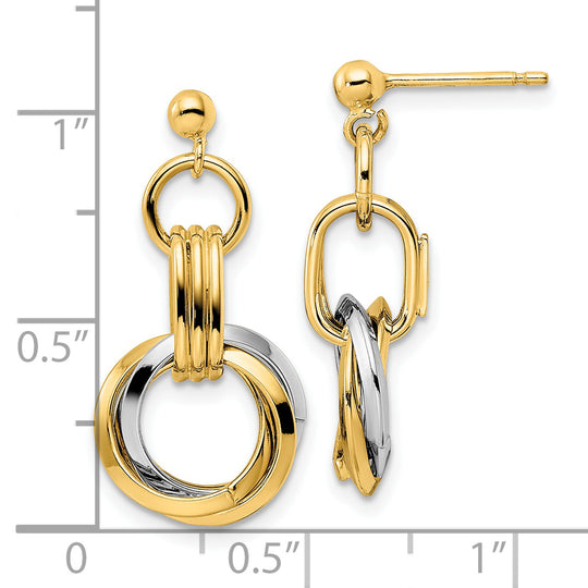 Aretes Colgantes de Círculos Entrelazados en Oro de 14K Bicolor