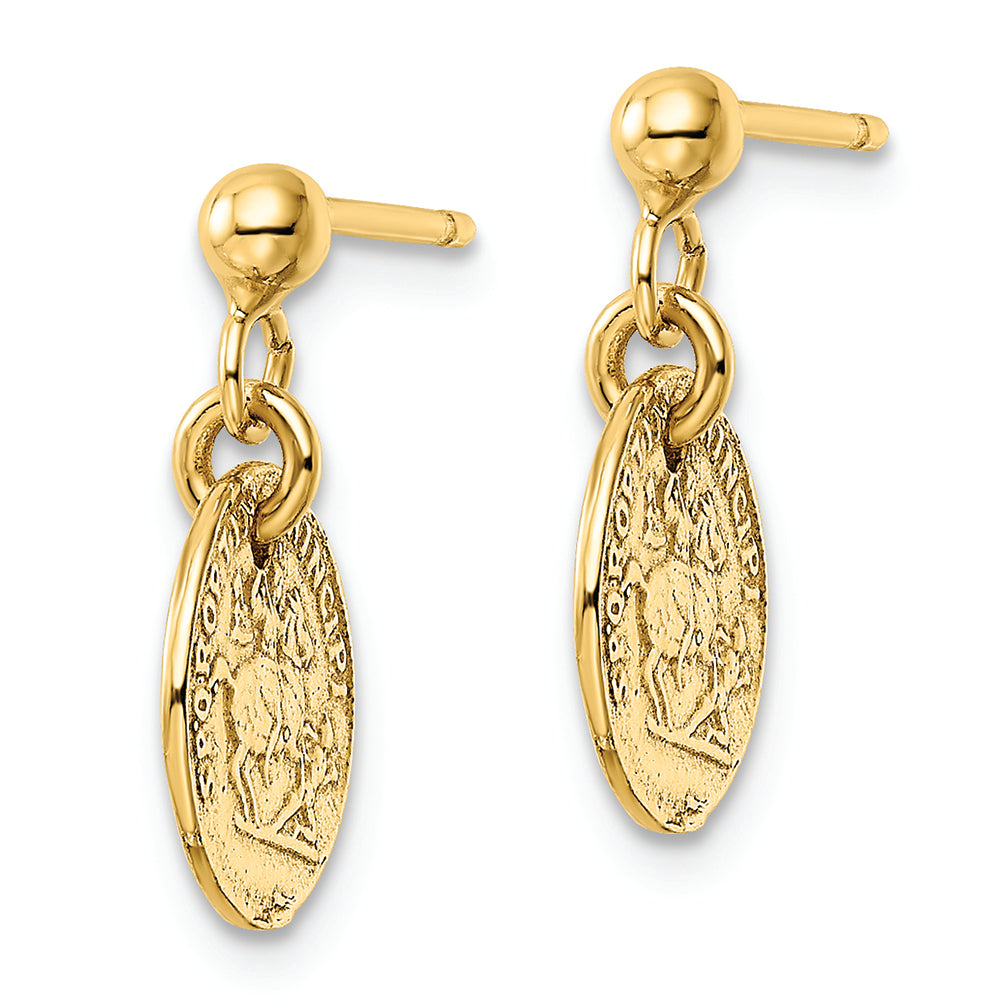 Aretes Colgantes de Moneda Pulida en Oro de 14k